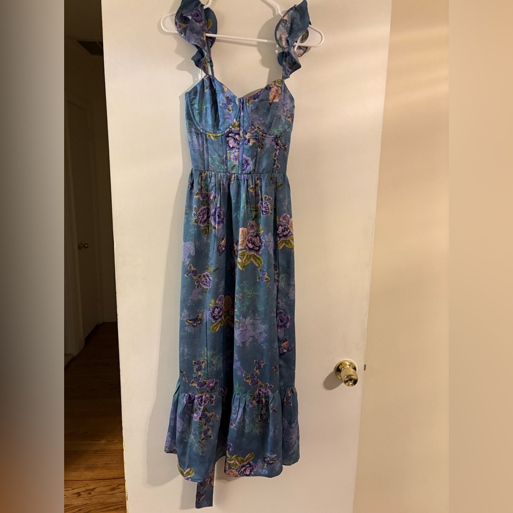 Lulu's Dusty Blue Floral Ruffle-Strap Midi Dress